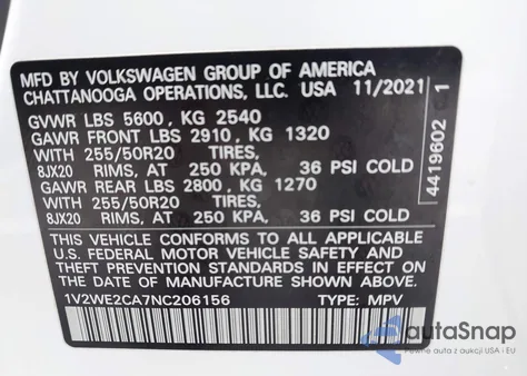 2022 Volkswagen Atlas Cross Sport 3.6L V6 Se W/Technology z USA, uszkodzony, nr VIN 1V2WE2CA7NC206156